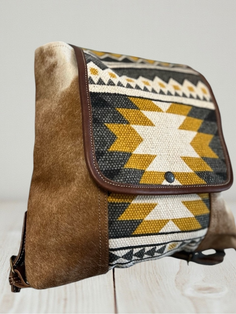 Myra Cowhide Leather Backpack Western Canvas Rug Boho Tribal School Travel Bag - Picture 4 of 12